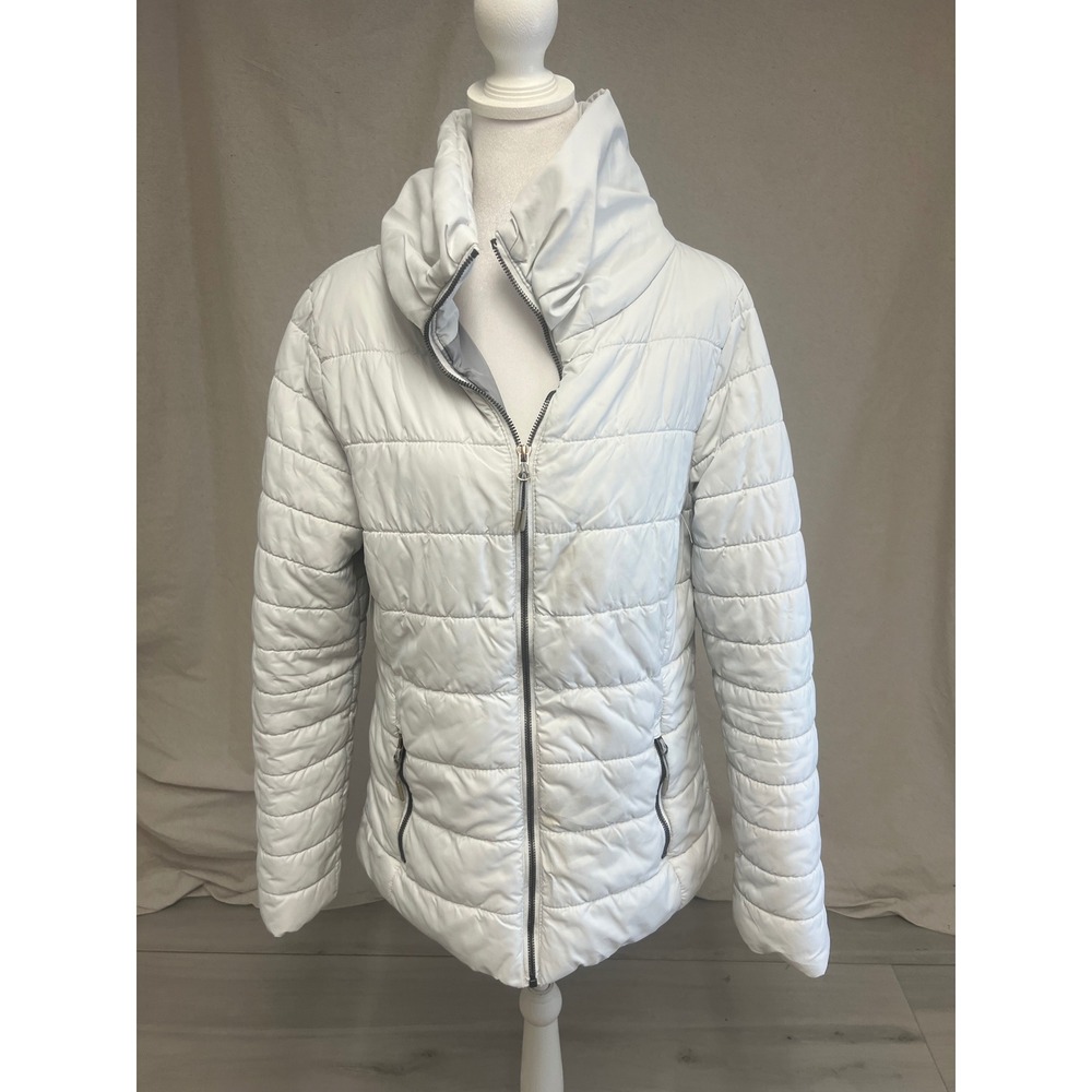 Stoic Puffer Jacket Womens Sz L White Funnel Neck Quilted Full Zip Winter Coat